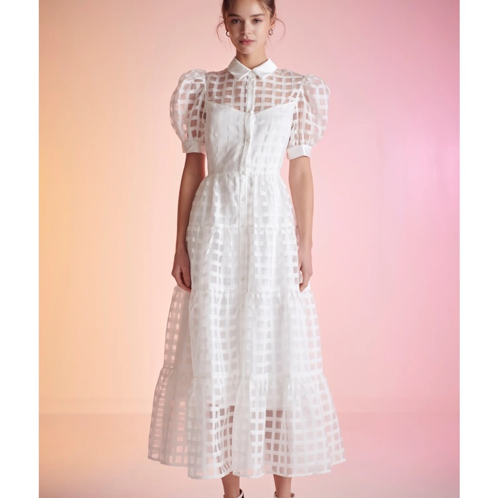 English Factory GRIDDED ORGANZA TIERED MAXI DRESS